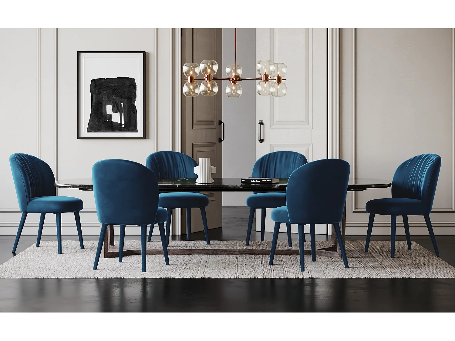 Lot de 2 chaises  velours bleu canard pieds velours