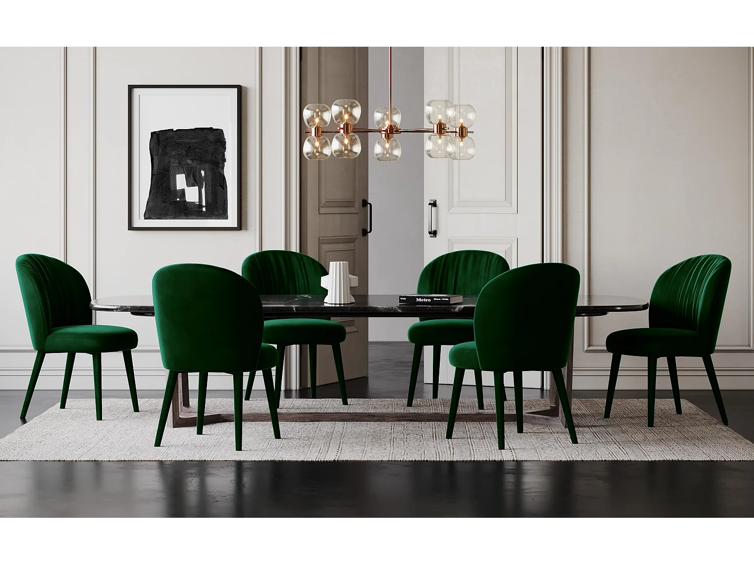 Lot de 2 chaises  velours vert forêt pieds velours