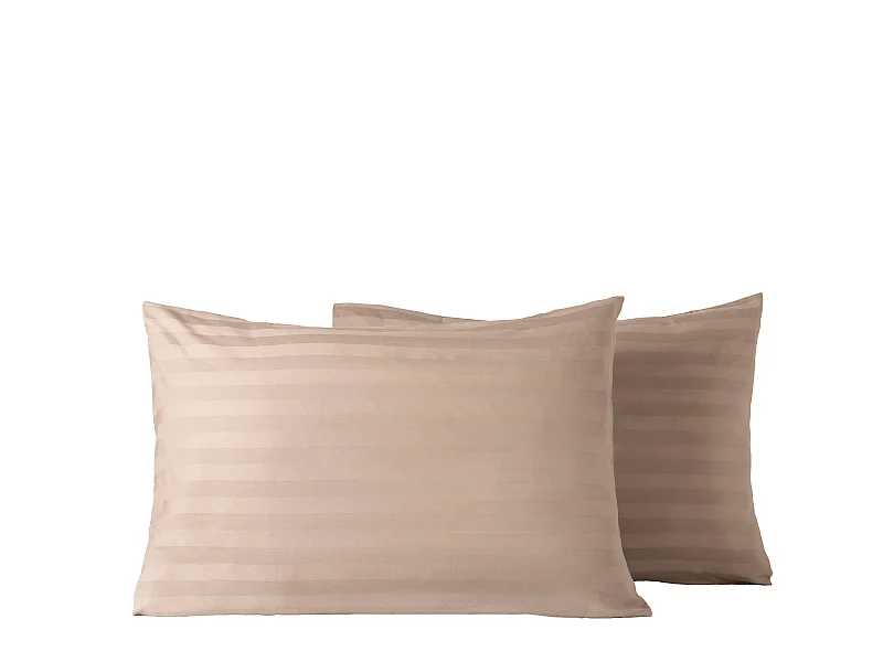 Ensemble deux taies d'oreiller gris rayures beige satin 50x70cm