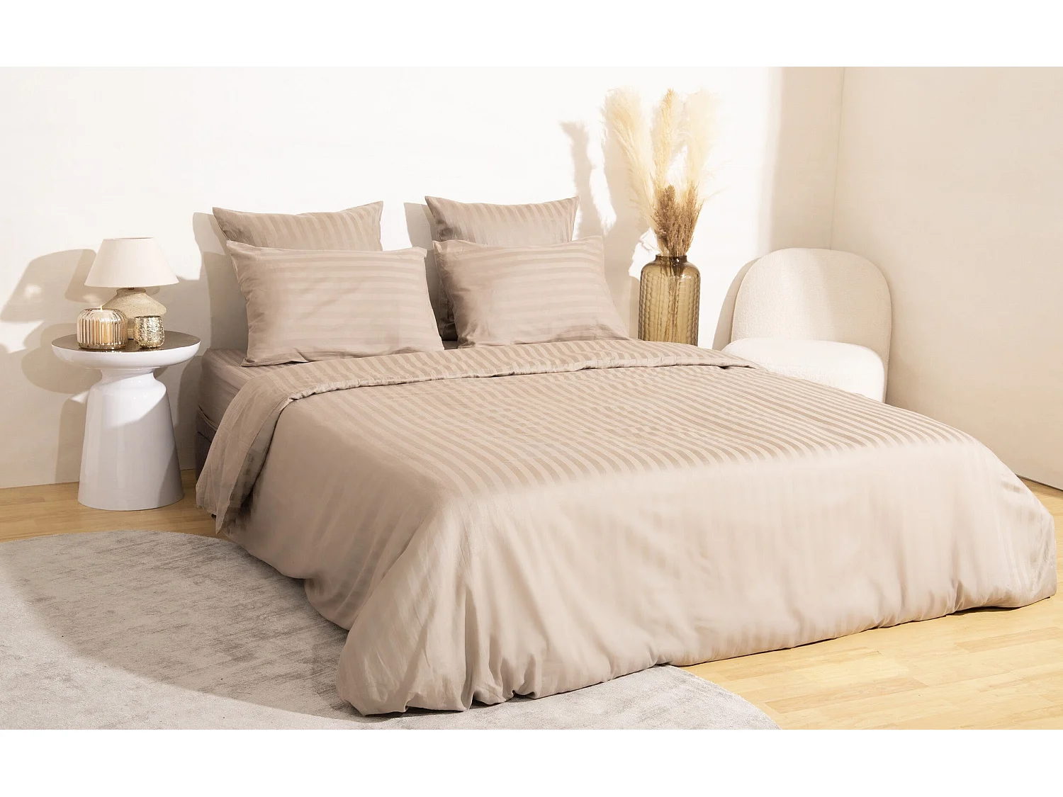 Ensemble deux taies d'oreiller gris rayures beige satin 50x70cm