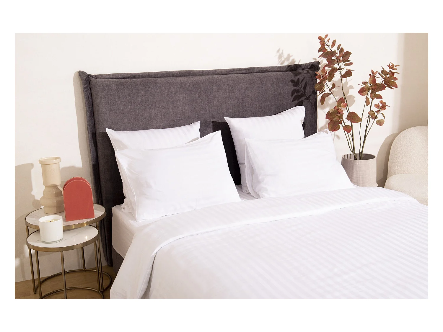 Ensemble deux taies d'oreiller blanc rayures blanches satin 50x70cm