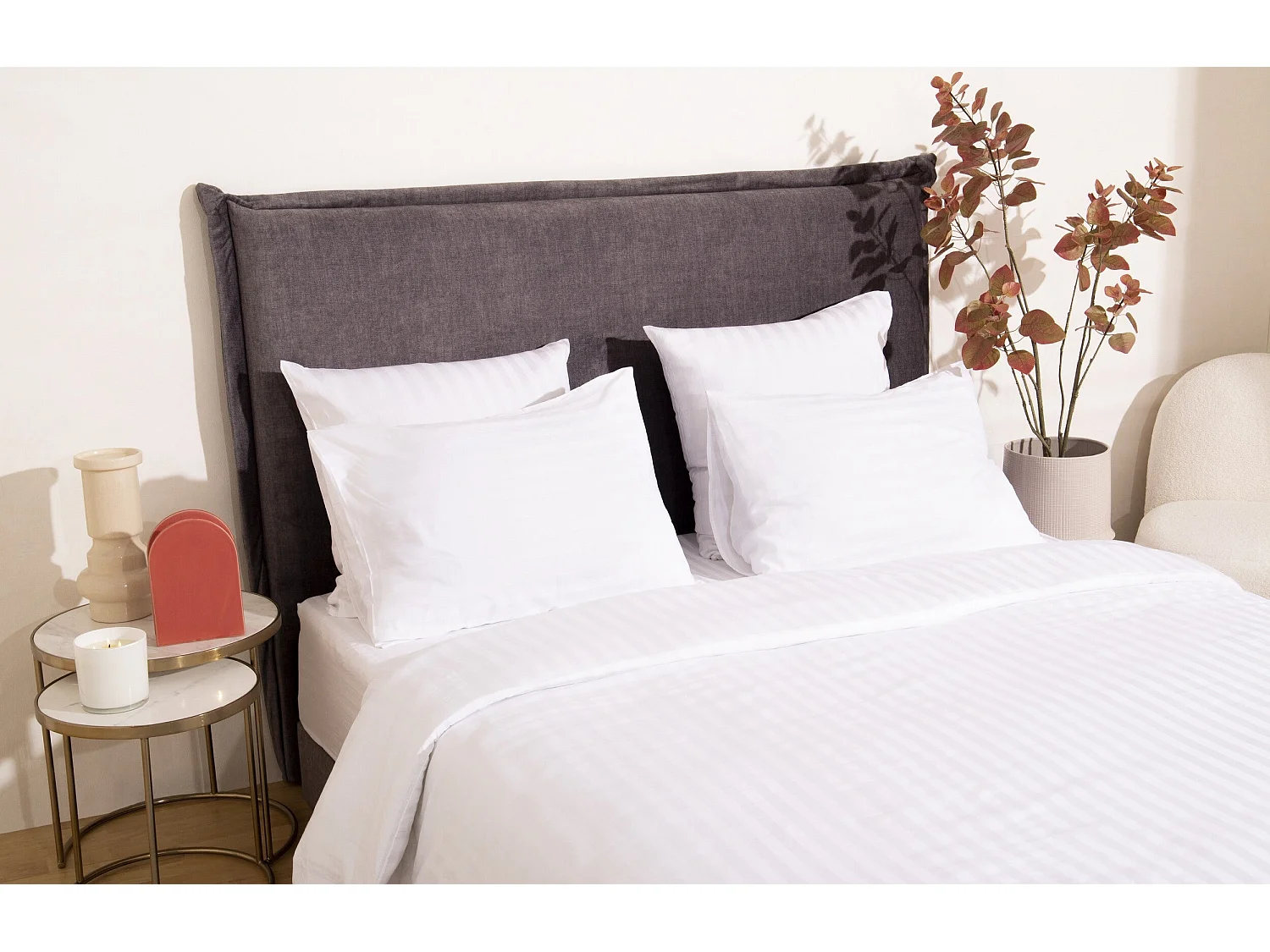 Ensemble deux taies d'oreiller blanc rayures blanches satin 50x70cm