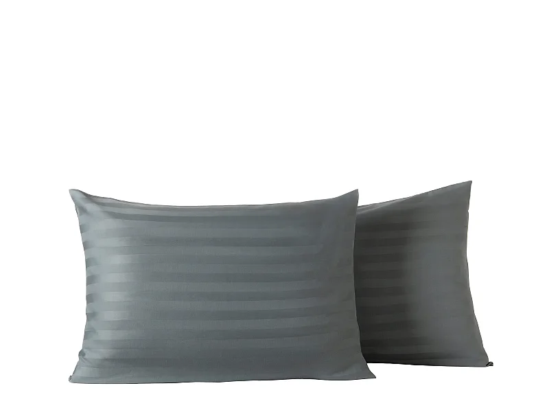 Ensemble deux taies d'oreiller gris rayures grises satin 50x70cm