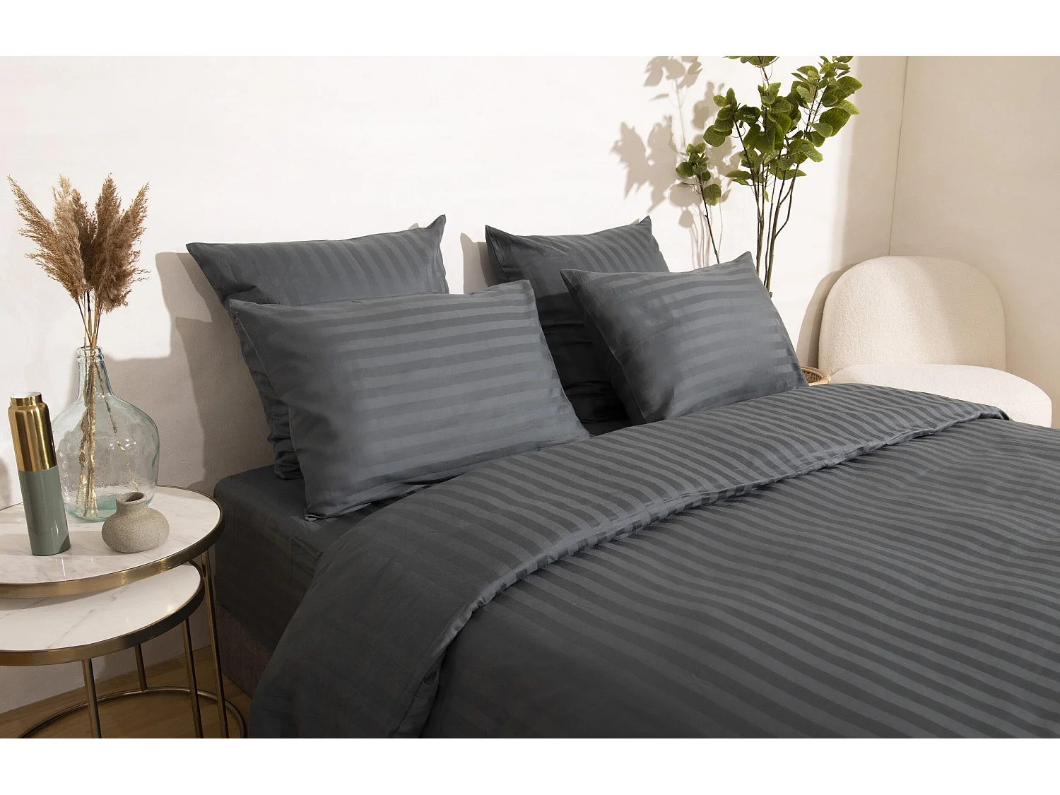 Ensemble deux taies d'oreiller gris rayures grises satin 50x70cm