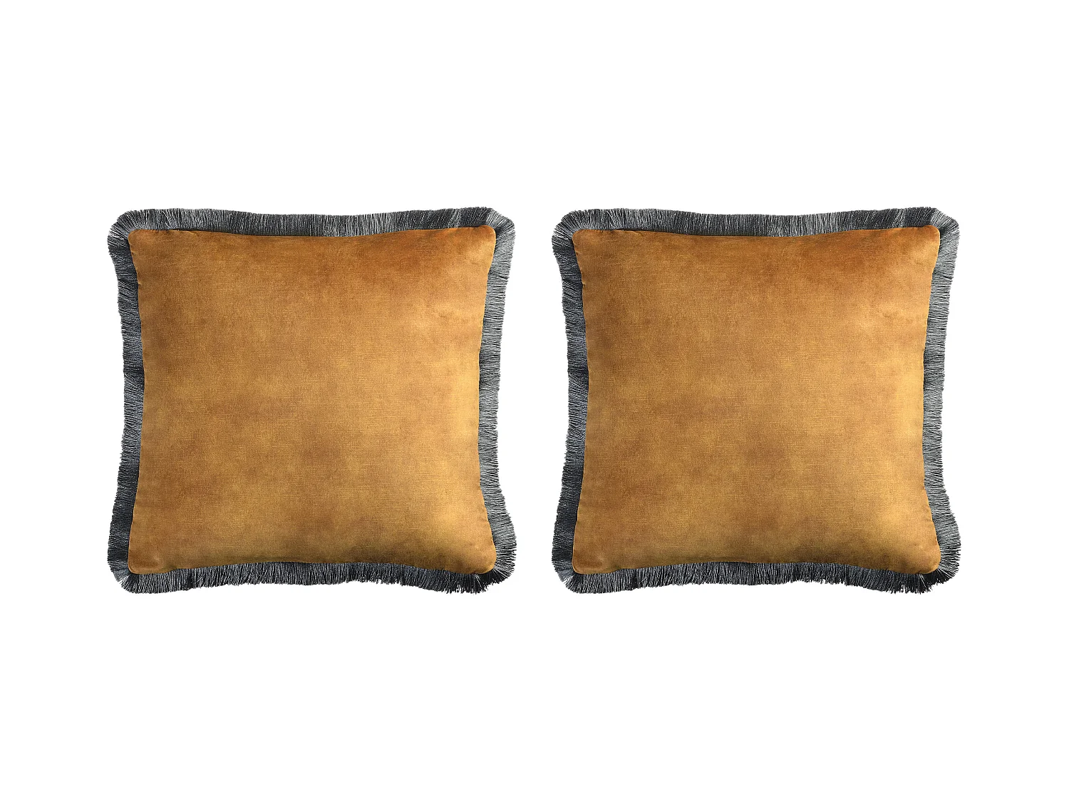 Lot de 2 coussins en velours à frange - 360g/m2 - 45  x 45 cm - Camel et noir - SOOTHE