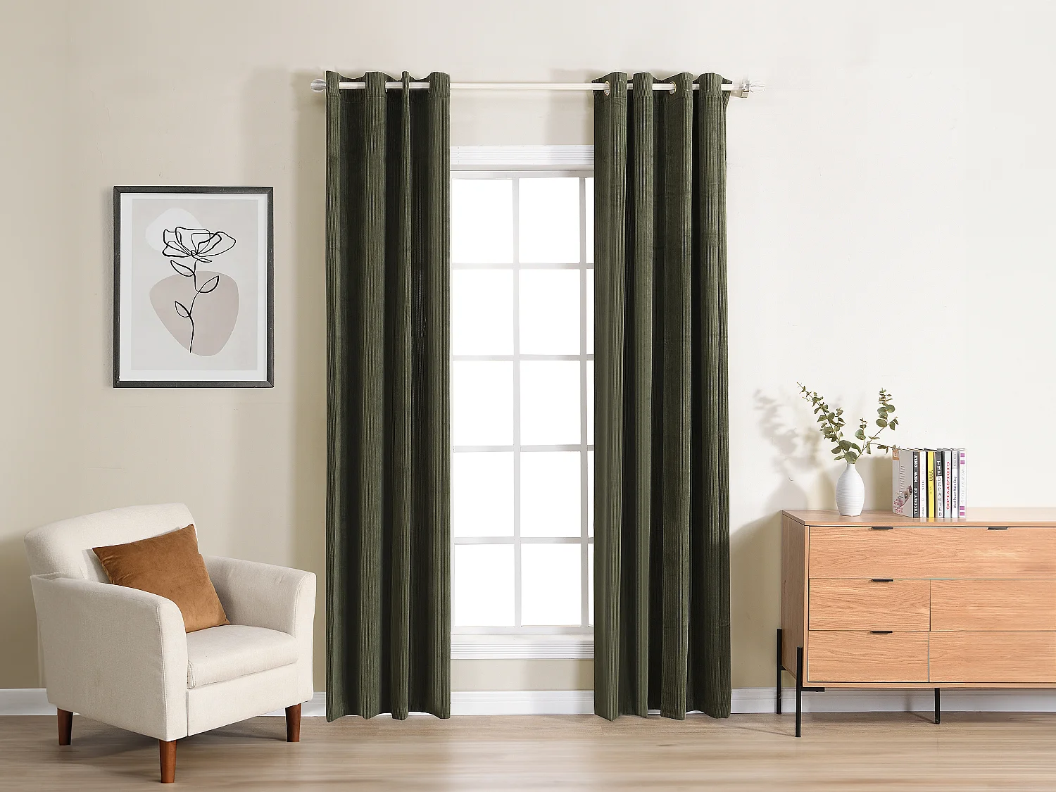 Lot de 2 rideaux en velours côtelé - L. 140 x H. 260 cm - Vert kaki - ALIVIA