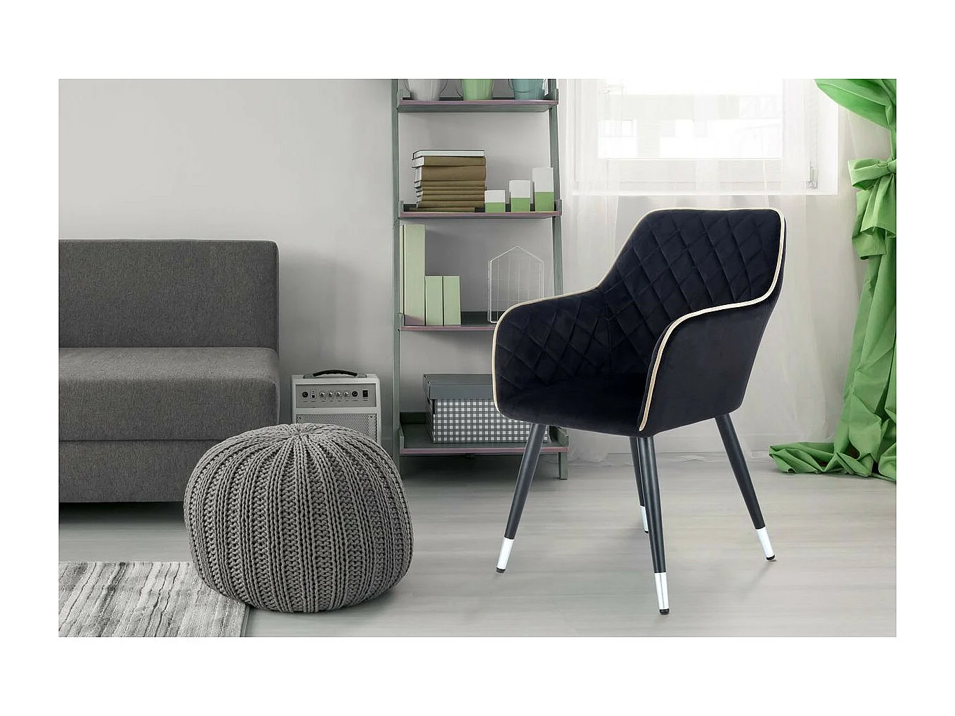 Chaise Déco en Velours "Amino" 86cm Noir & Gris