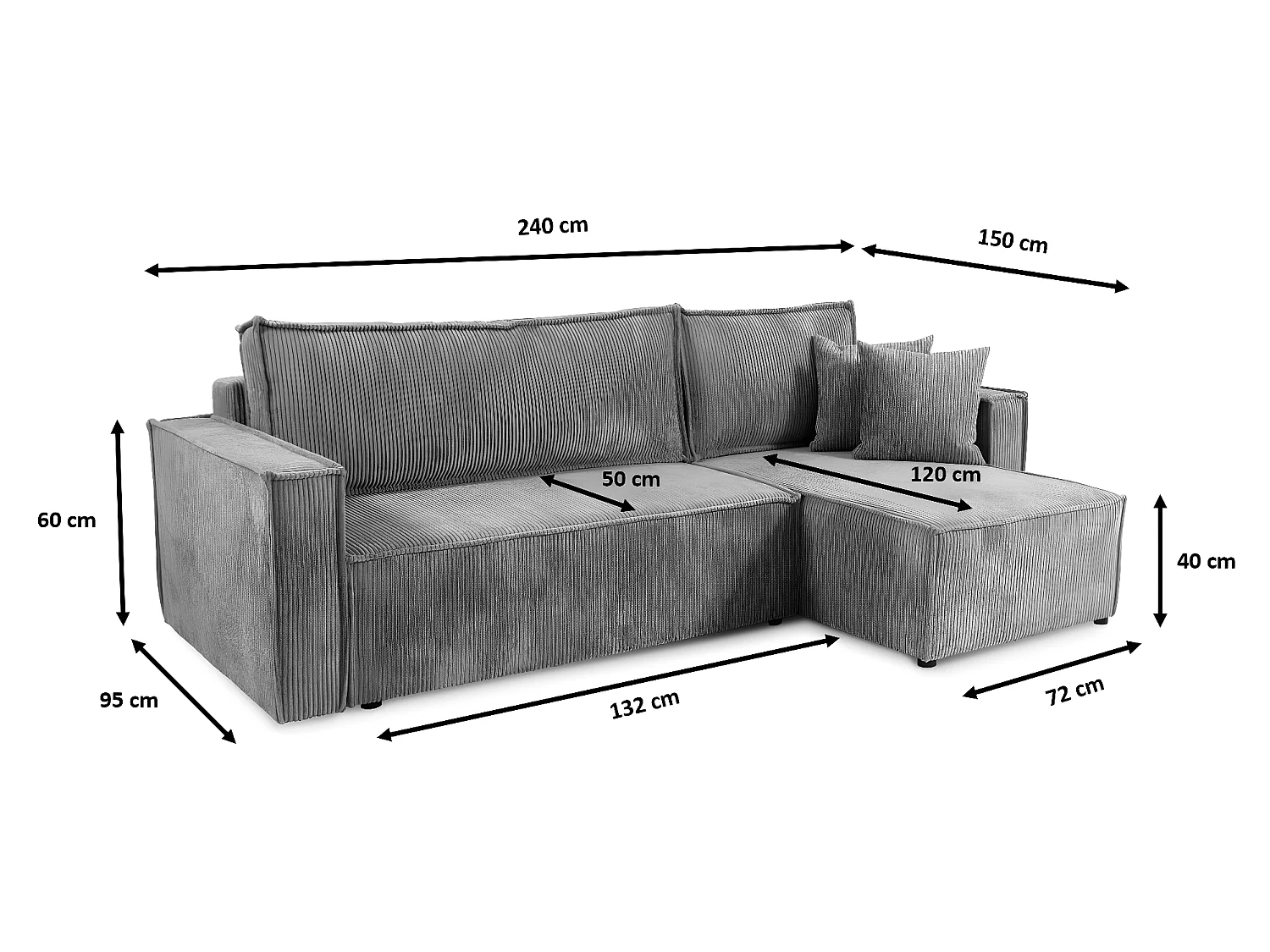 Canapé d'angle Convertible Nero en Velours côtelé avec lit et Coffre de Rangement (Beige)