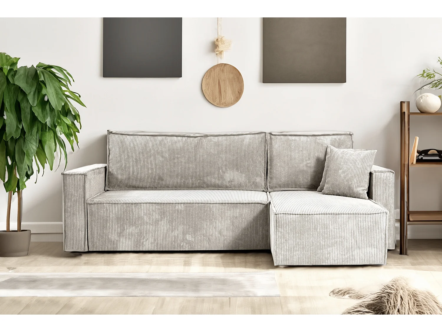 Canapé d'angle Convertible Nero en Velours côtelé avec lit et Coffre de Rangement (Beige)