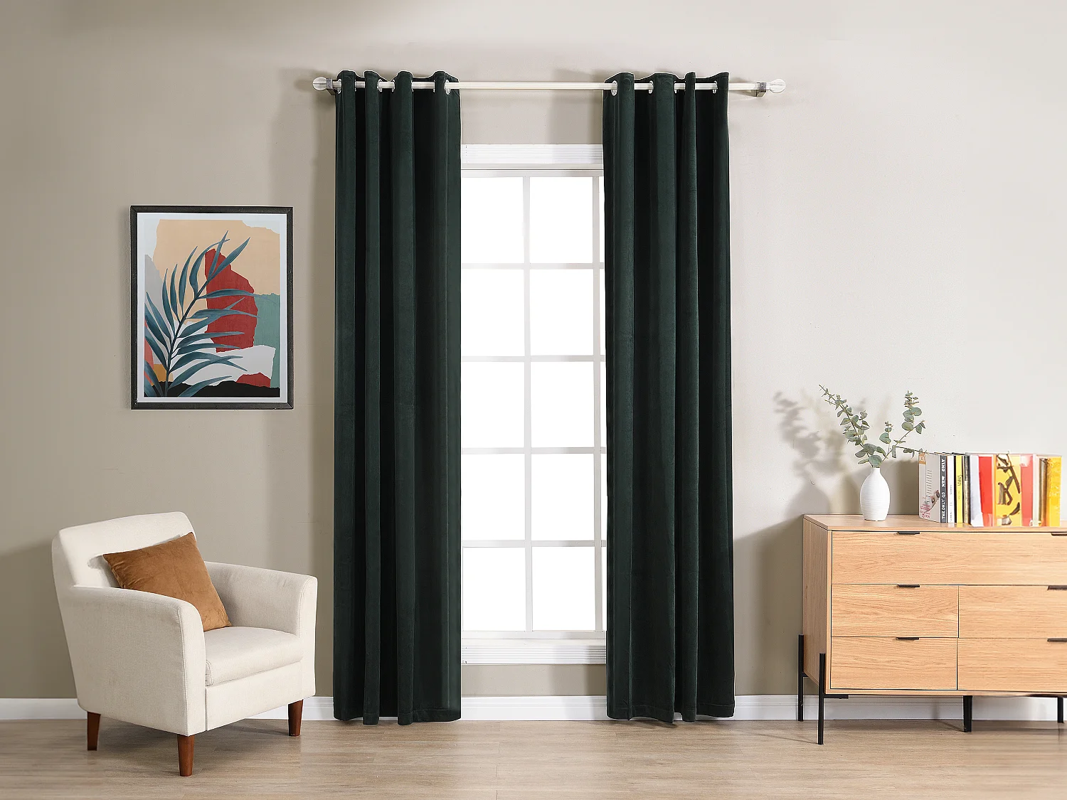 Lot de 2 rideaux en velours  - L. 135 x H. 260 cm -  Vert sapin - KOLAMI