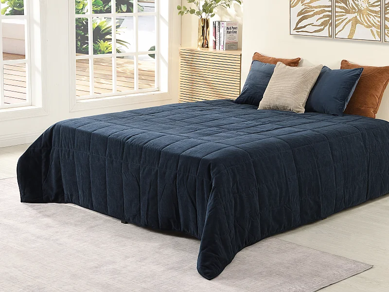Quiltad sammetssängöverkast - 220 x 225 cm - Marinblå - PRILIO