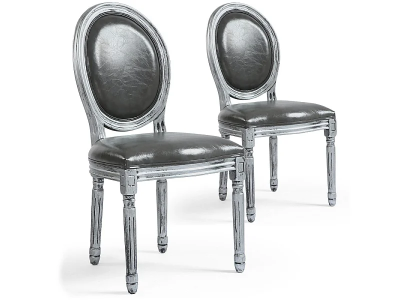Lot de 2 Chaises Médaillon Similicuir "Versailles" 96cm Gris & Argent