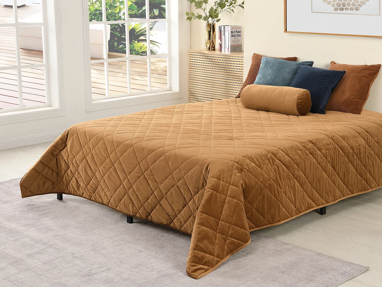 Colcha de terciopelo acolchado - 220 x 225 cm - Camel - PRILIO