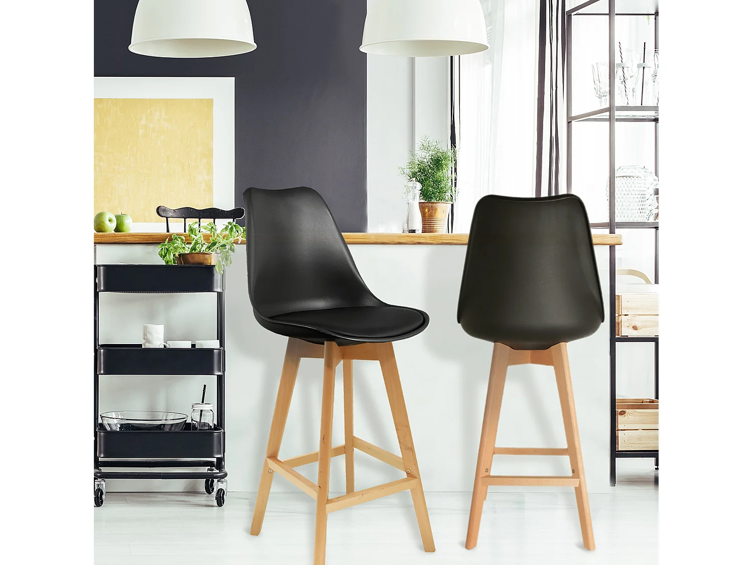 Chaise De Bar Noire Pieds Bois - Lot De 2 Noir