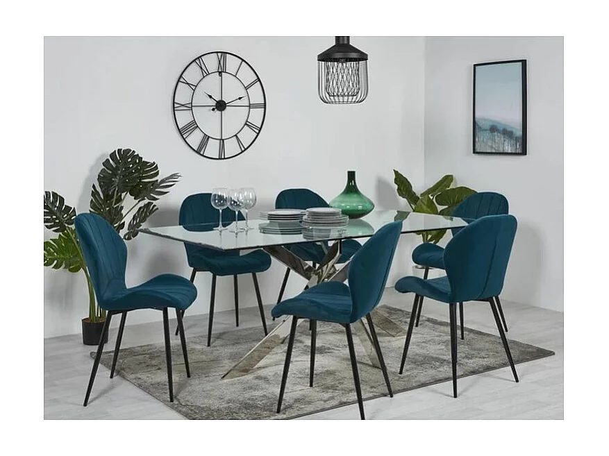 Blauw fluwelen stoel en zwart metalen poten Mory - Set van 2