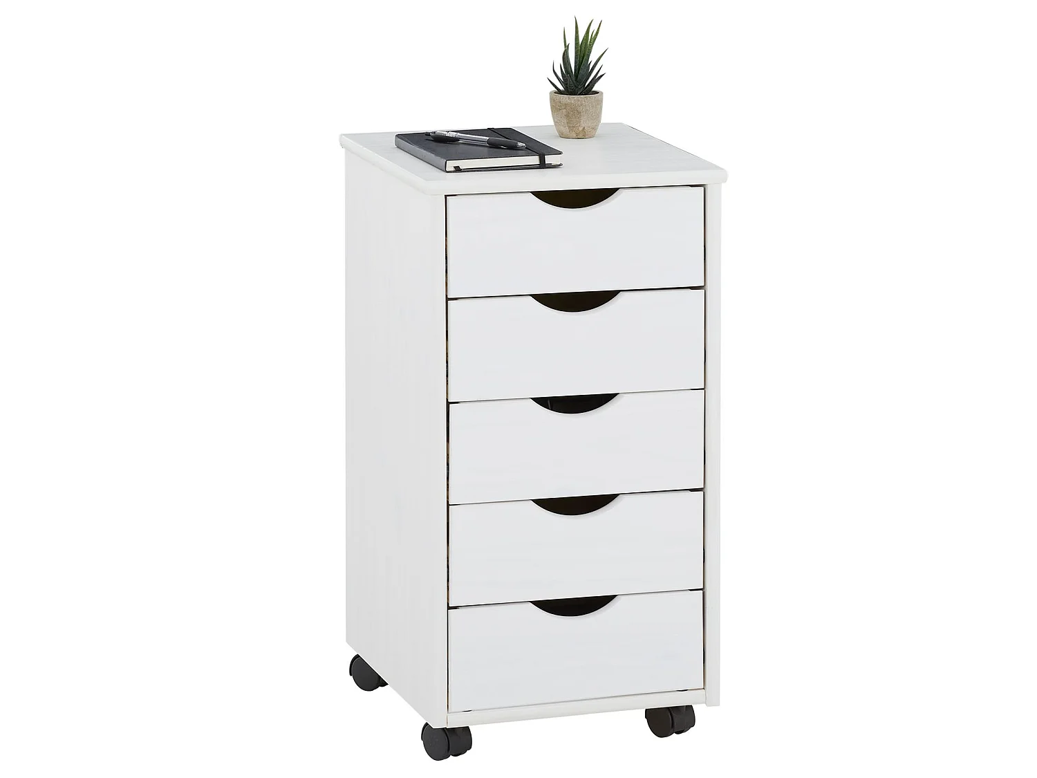 Caisson de bureau LAGOS meuble de rangement sur roulettes avec 5 tiroirs, en pin massif lasuré blanc