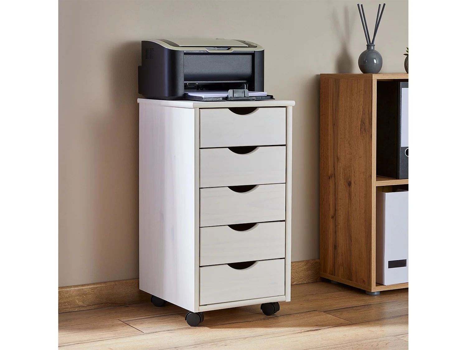 Caisson de bureau LAGOS meuble de rangement sur roulettes avec 5 tiroirs, en pin massif lasuré blanc