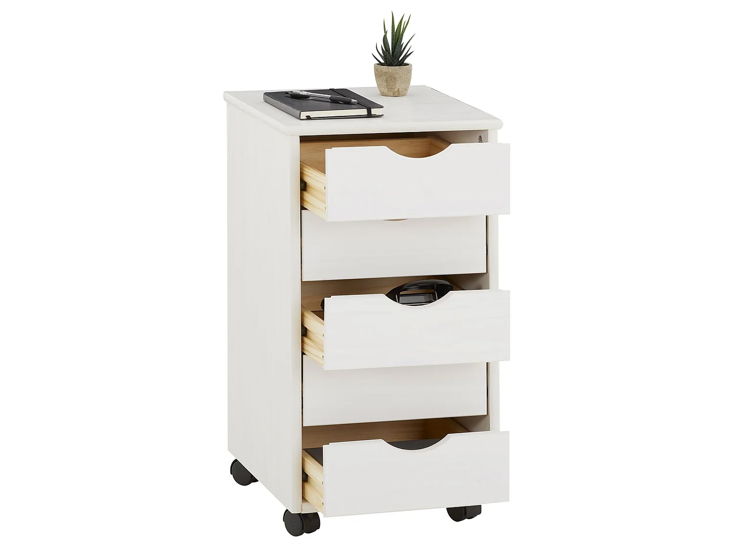 Caisson de bureau LAGOS meuble de rangement sur roulettes avec 5 tiroirs, en pin massif lasuré blanc