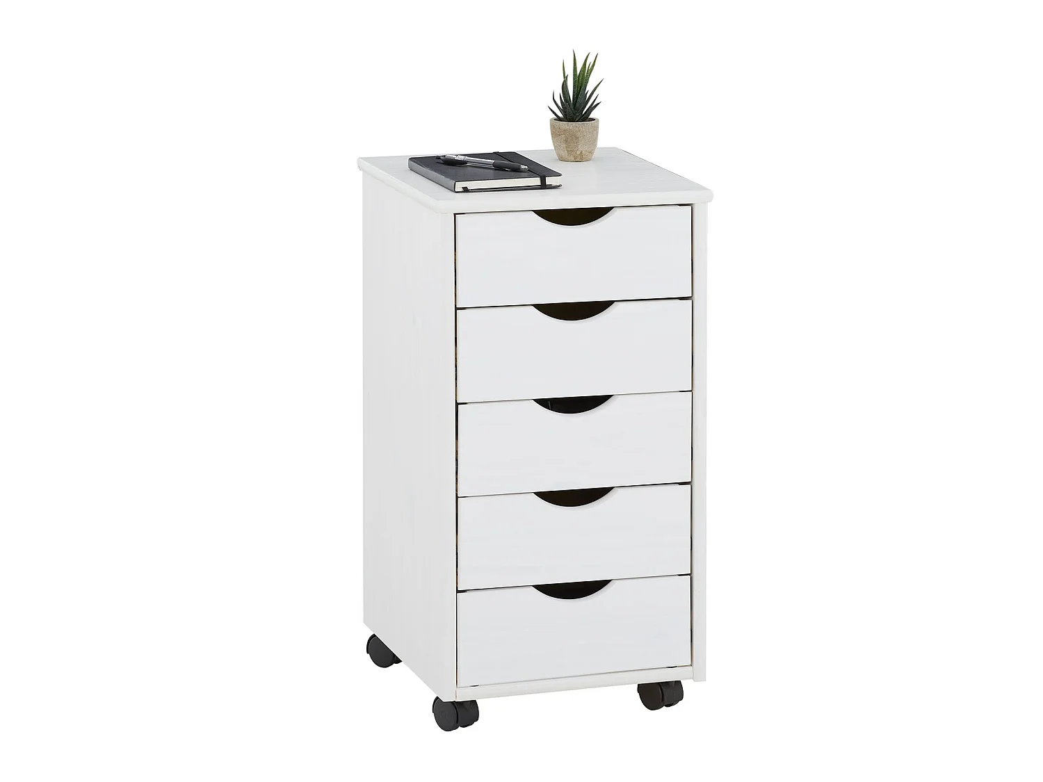 Caisson de bureau LAGOS meuble de rangement sur roulettes avec 5 tiroirs, en pin massif lasuré blanc