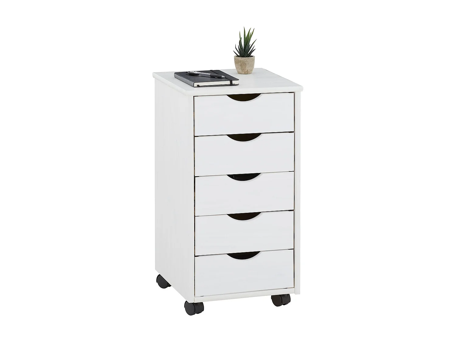 Caisson de bureau LAGOS meuble de rangement sur roulettes avec 5 tiroirs, en pin massif lasuré blanc