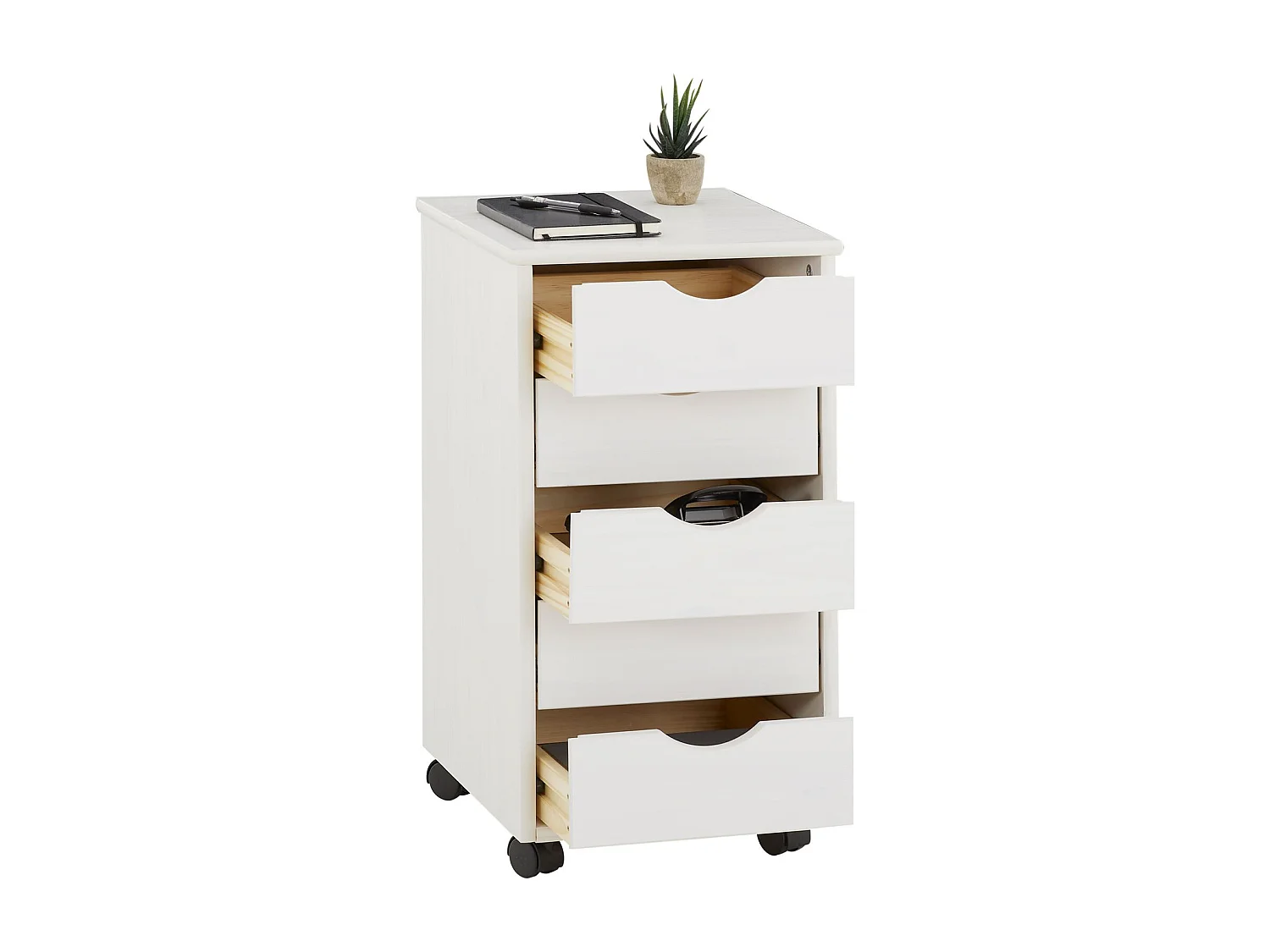 Caisson de bureau LAGOS meuble de rangement sur roulettes avec 5 tiroirs, en pin massif lasuré blanc