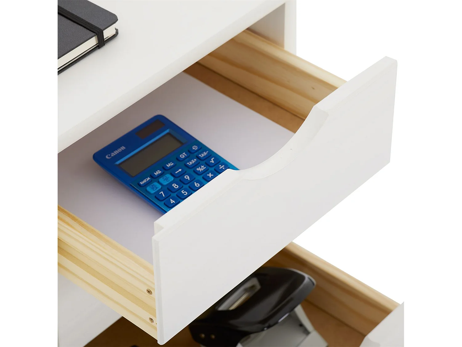 Caisson de bureau LAGOS meuble de rangement sur roulettes avec 5 tiroirs, en pin massif lasuré blanc