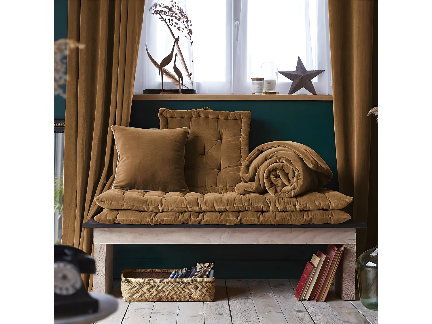 HARRIS - Coussin Déhoussable 45x45cm Velours de Coton Coloris Camel