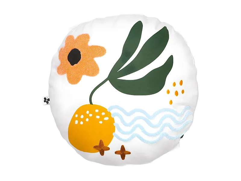 PITCH - Coussin Déhoussable Ø40cm Blancs Motifs Brodés Colorés