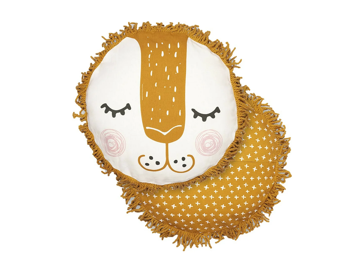 THEO - Coussin Déhoussable Ø40cm Coton Motif Lion avec Franges de Macramé