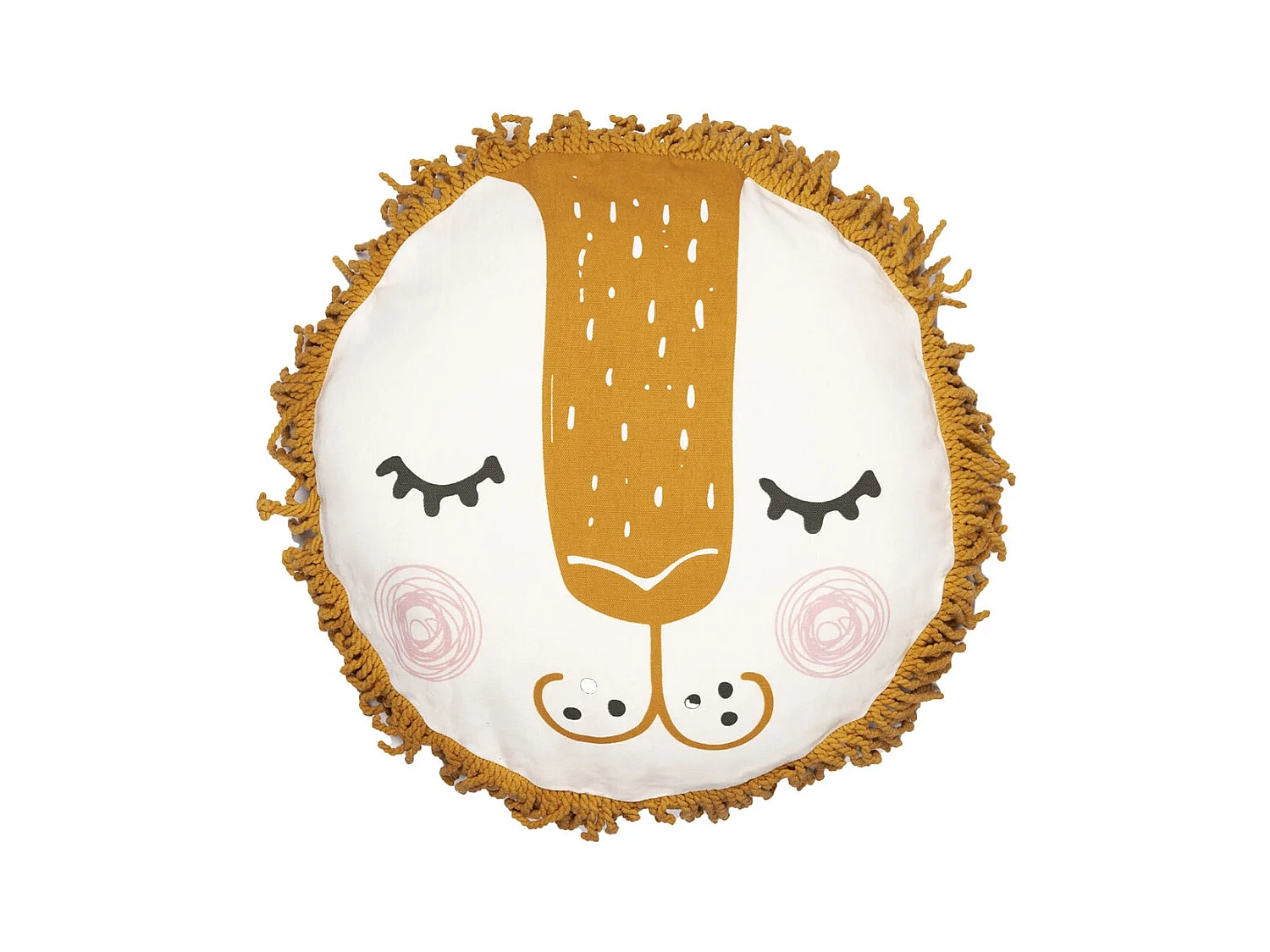 THEO - Coussin Déhoussable Ø40cm Coton Motif Lion avec Franges de Macramé
