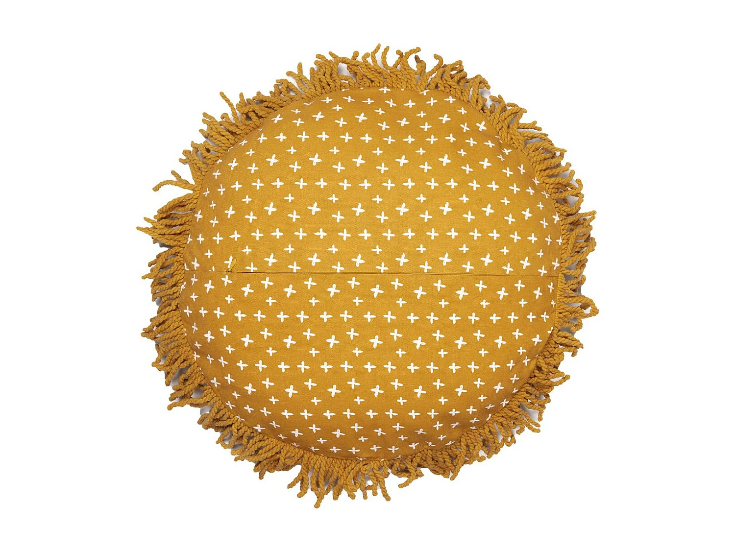 THEO - Coussin Déhoussable Ø40cm Coton Motif Lion avec Franges de Macramé