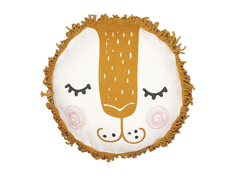 THEO - Coussin Déhoussable Ø40cm Coton Motif Lion avec Franges de Macramé