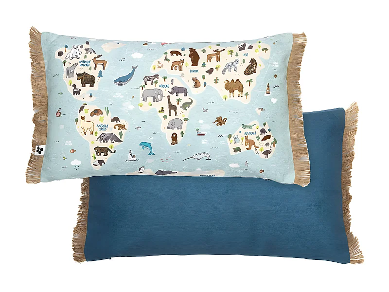 EXPLORE - Coussin Déhoussable à Franges 30x50cm Coton Motif Monde