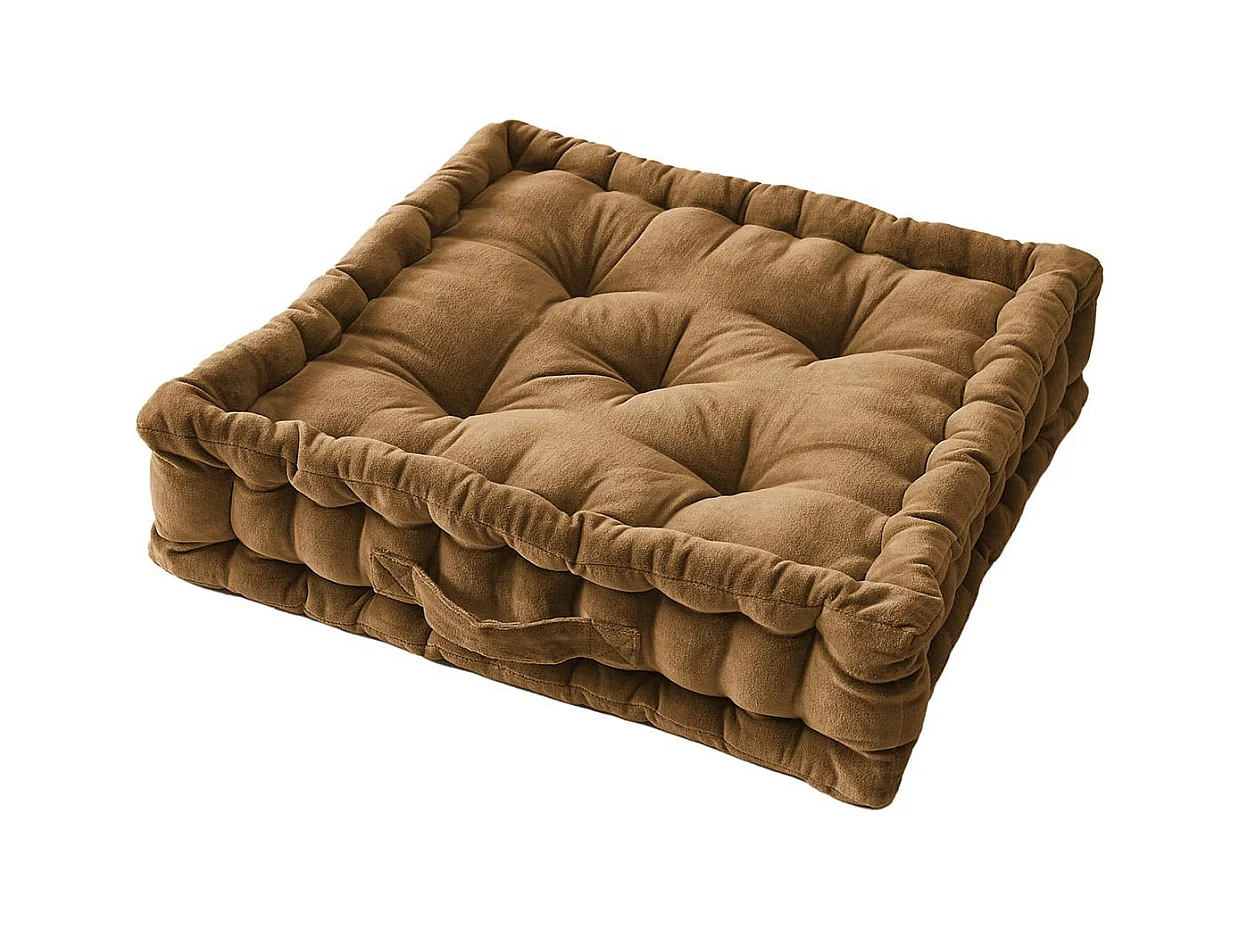 HARRIS - Coussin de Sol 50x50cm Velours de Coton Capitonné Coloris Camel