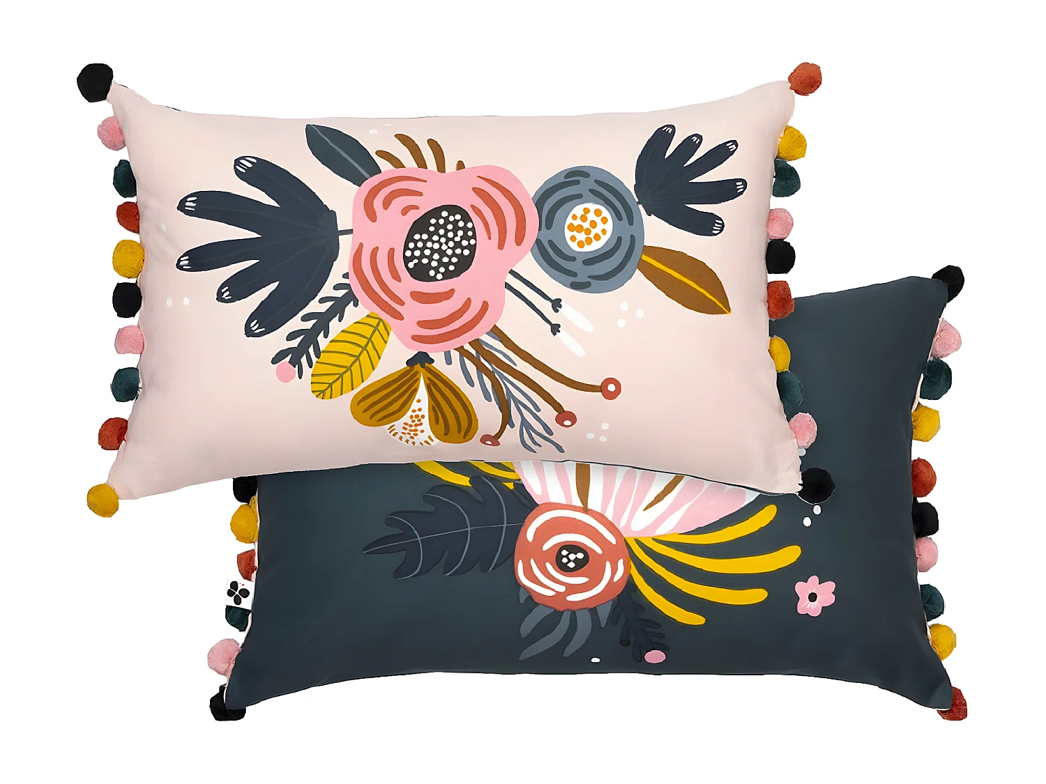 CAPUK - Coussin Déhoussable 30x50cm Coton Motif Rétro avec Pompons