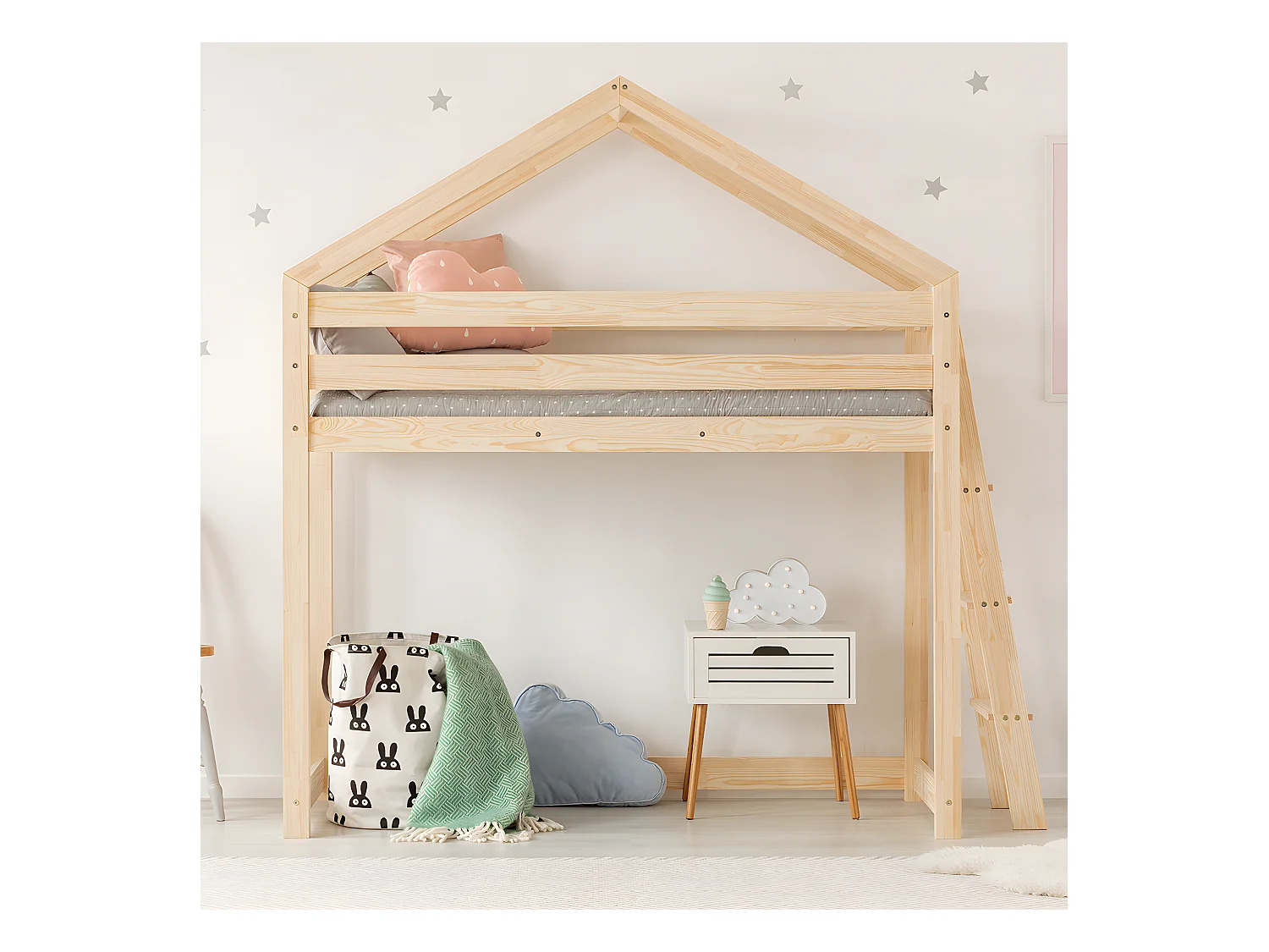 Lit cabane mi-hauteur 90x190 sommier inclus Alix Bois