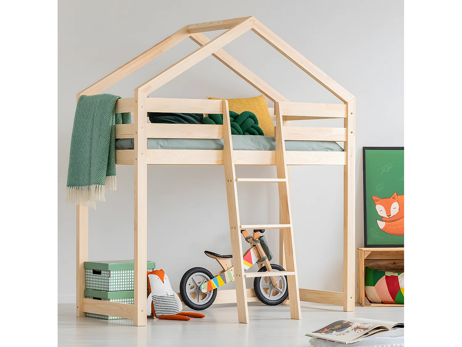 Lit cabane mi-hauteur 90x200 sommier inclus Jeanne Bois