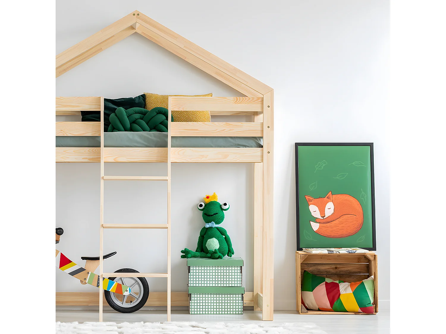 Lit cabane mi-hauteur 90x200 sommier inclus Jeanne Bois