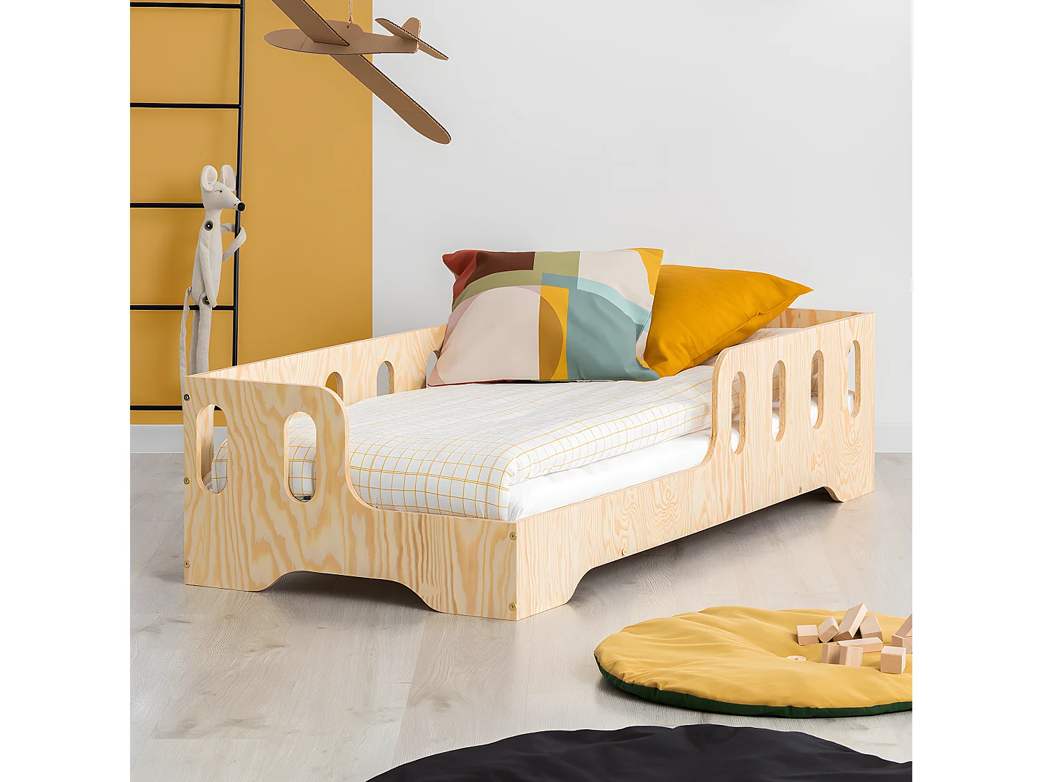 Cama de entrada esquerda 90x190 com estrado de ripas Estelle Bois