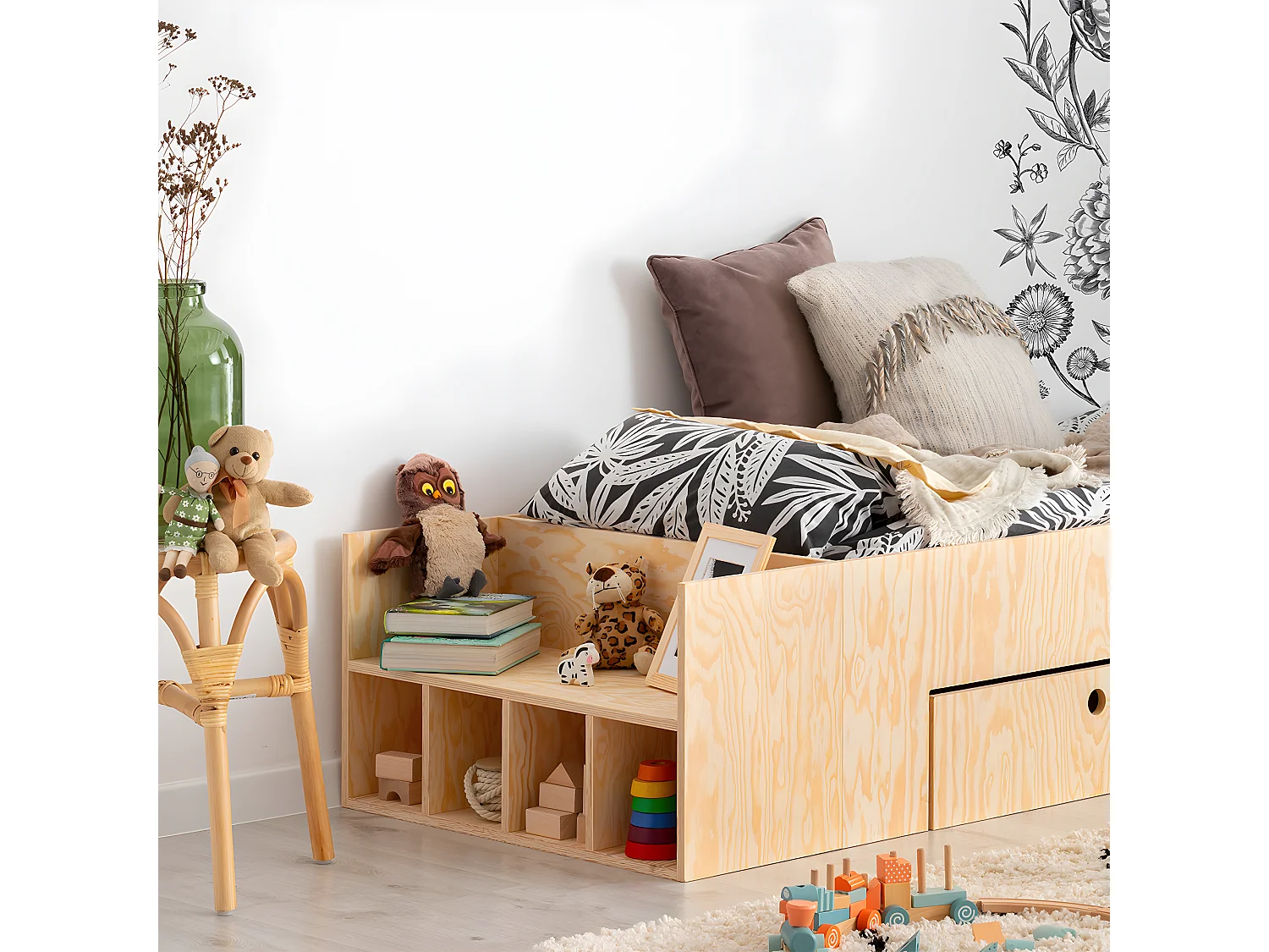 Cama 90x190 com estrado de molas e gaveta Tristan Bois