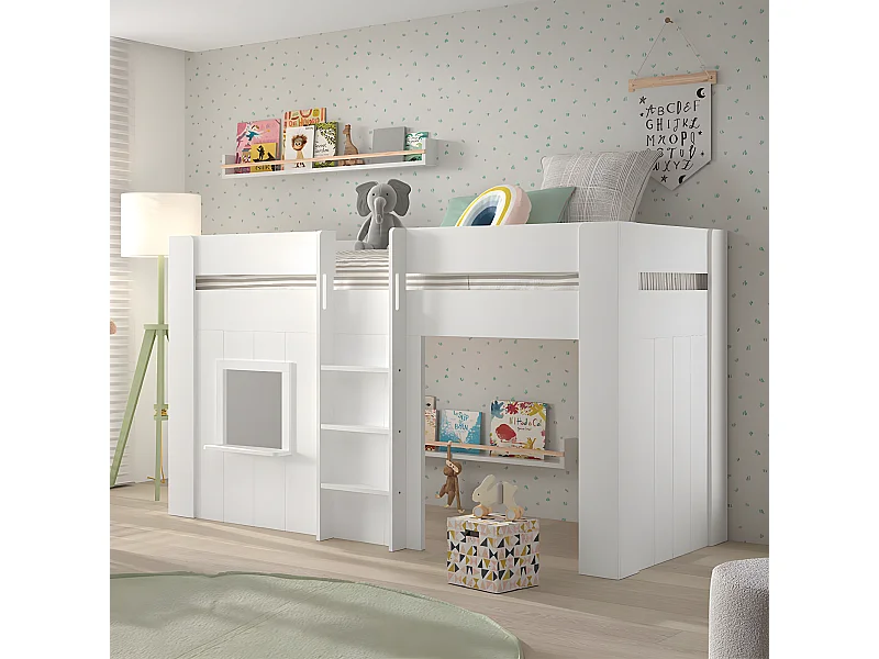 Lit Cabane Enfant "Reno" 90x200cm Blanc