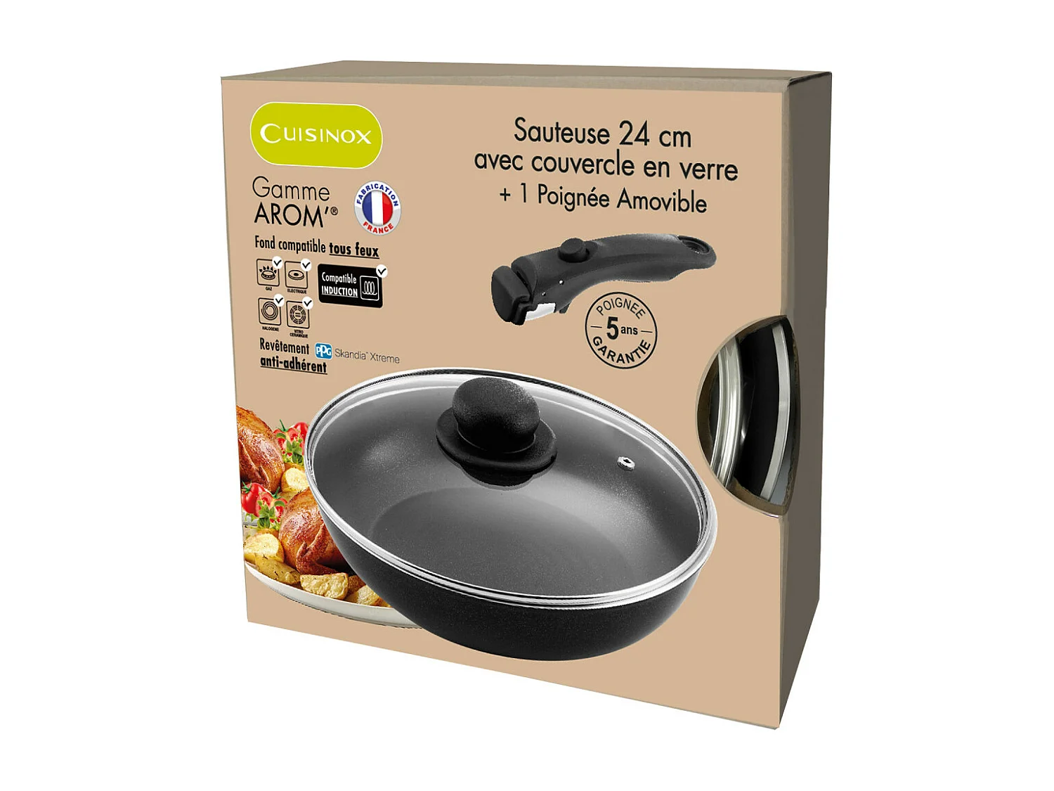 Arom - 1 sauteuse 24 cm avec couvercle et poignée amovible