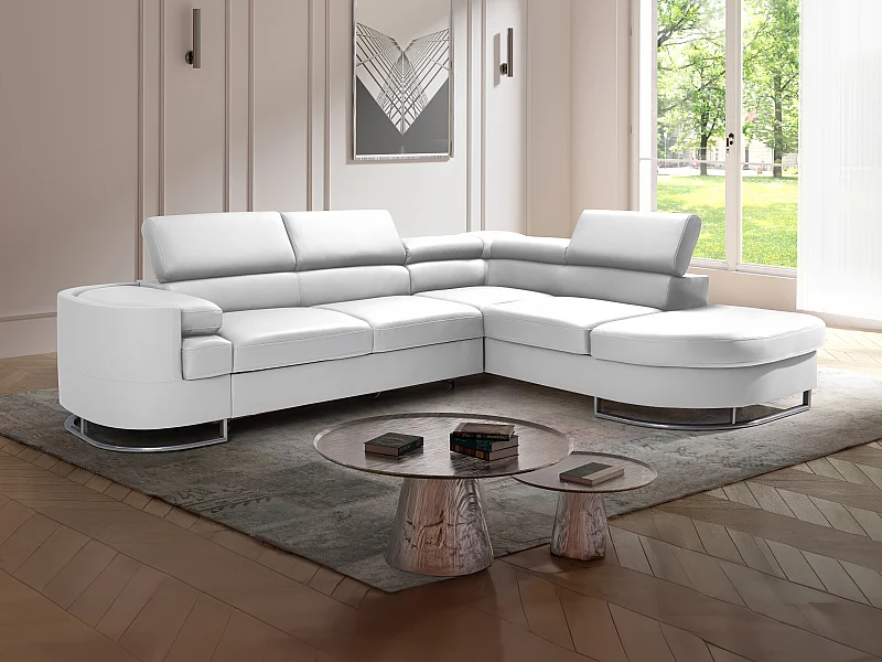 Höger soffhörna bäddsoffa i vit konstläder MYSEN II