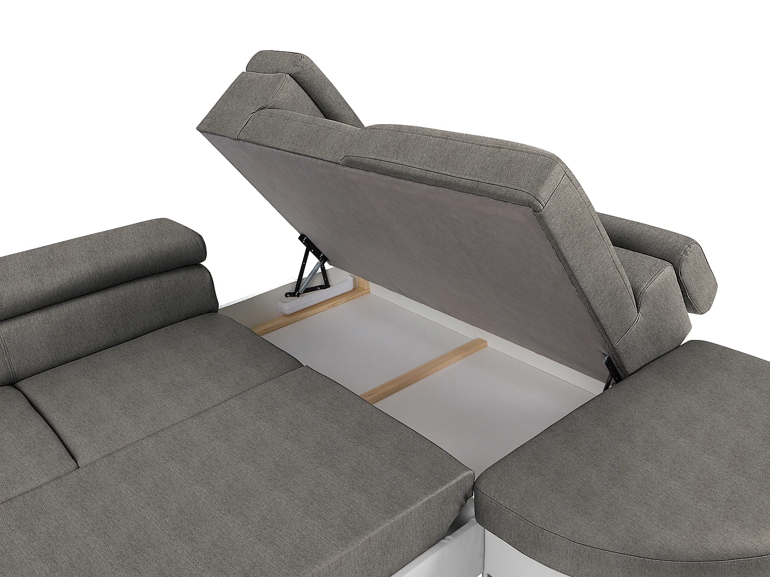 Högerställd bäddsoffa i vitt konstläder och grått tyg MYSEN II