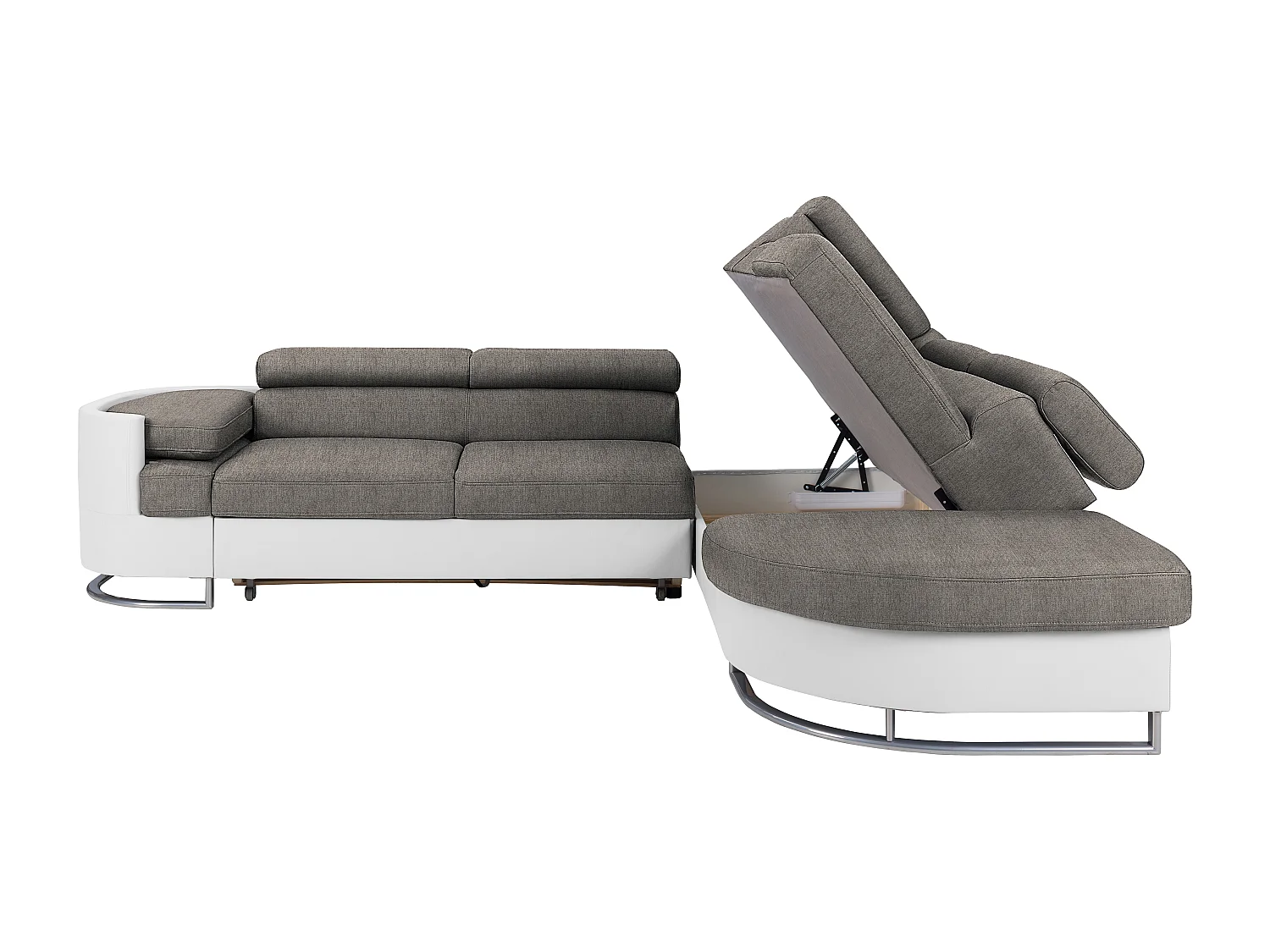 Högerställd bäddsoffa i vitt konstläder och grått tyg MYSEN II