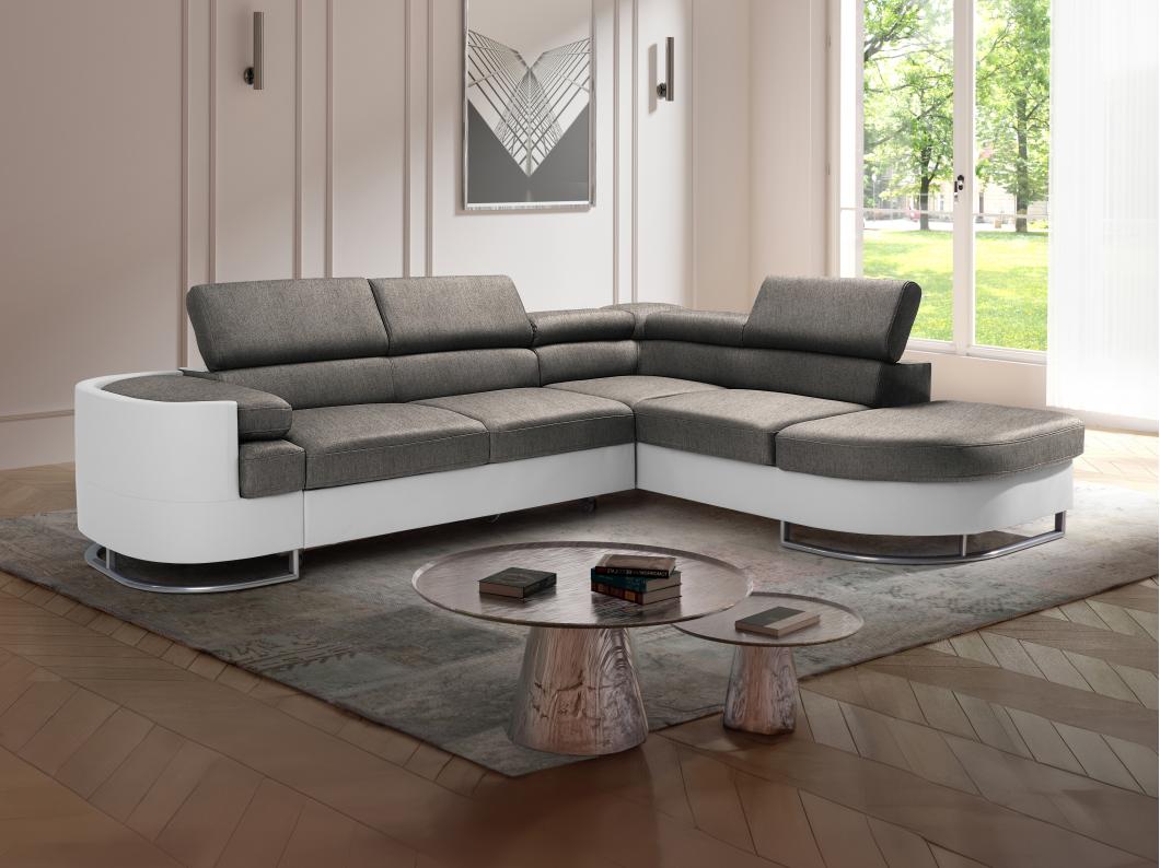 Ecksofa mit Schlaffunktion - Ecke rechts - Kunstleder - Weiß & Grau - MYSEN II