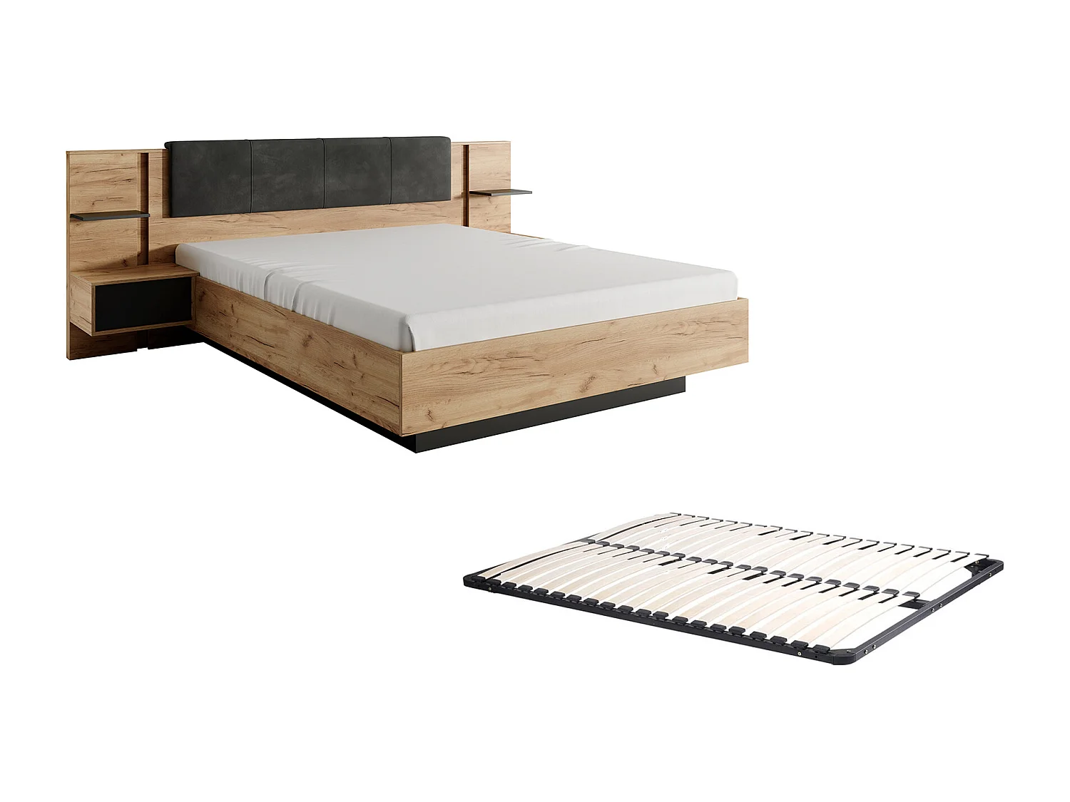 Bett mit Nachttischen + Lattenrost - 160 x 200 cm - Mit LED-Beleuchtung - Holzfarben & Anthrazit - ELYNIA