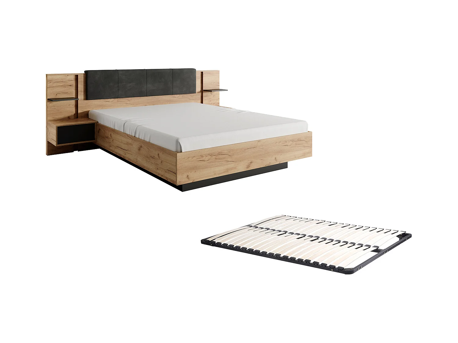 Cama con mesas de noche 160 x 200 cm - Con LEDs - Color: natural y antracita + Somier - ELYNIA