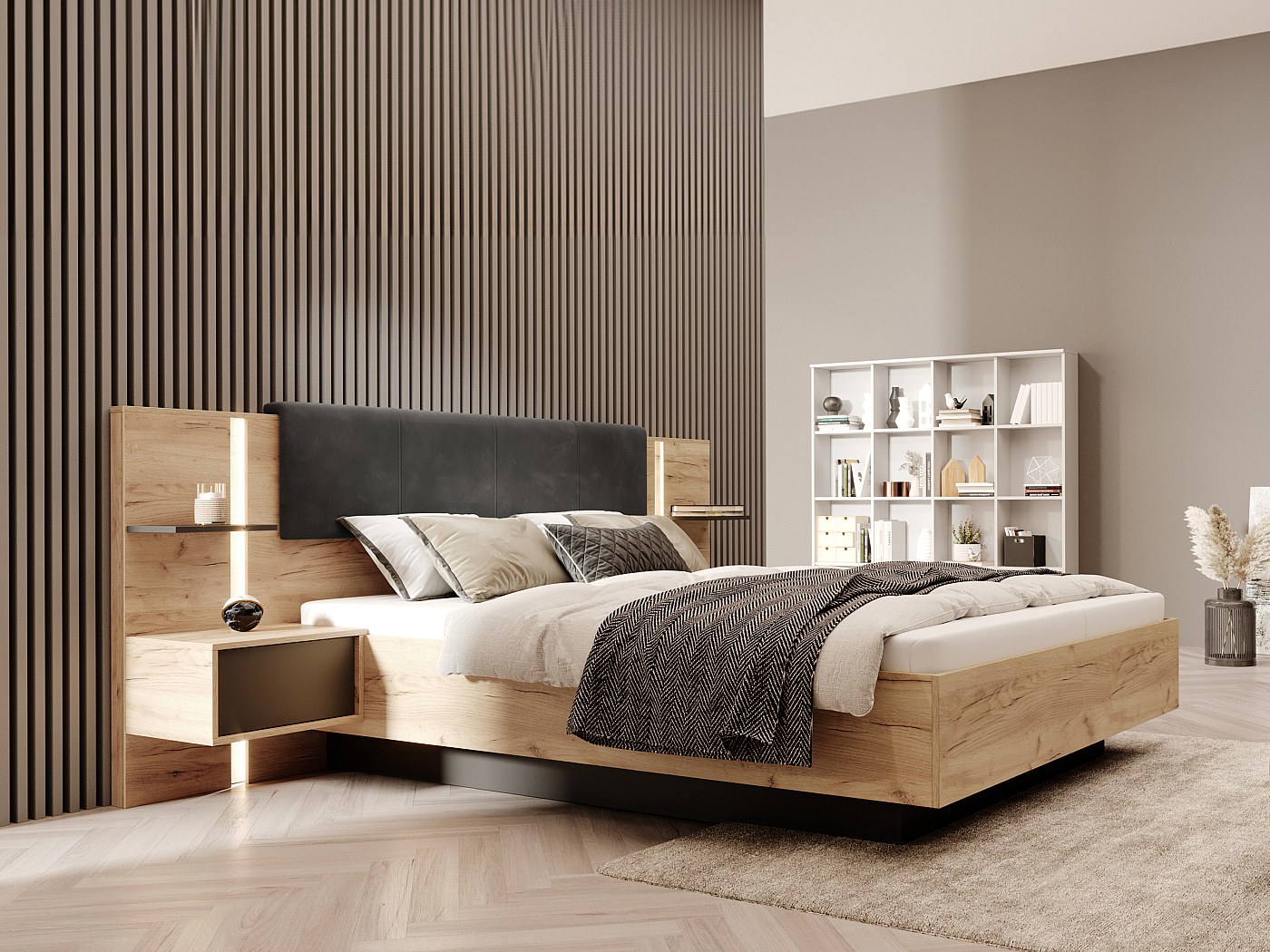 Lit Coffre 160x200 Cm Avec Sommier à Lattes Hydraulique, Tables De Chevet Et éclairage USB - Velours Gris Et Bois Naturel