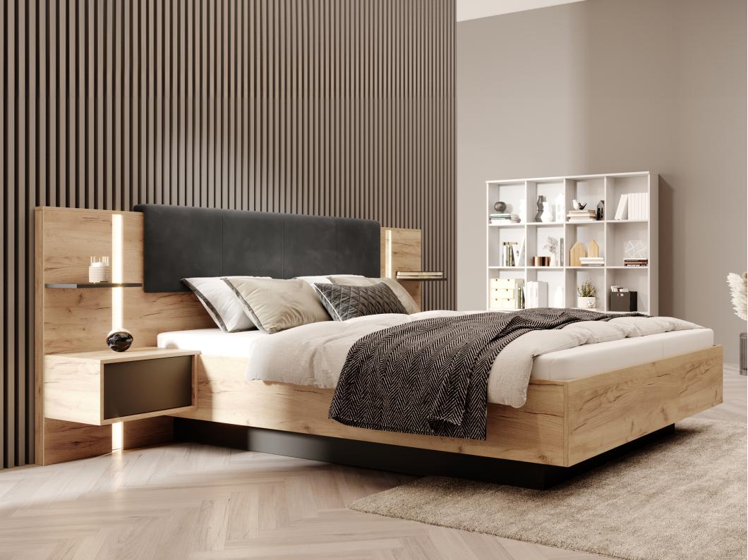 Cama con mesas de noche 160 x 200 cm - Con LEDs - Color: natural y antracita + Somier - ELYNIA